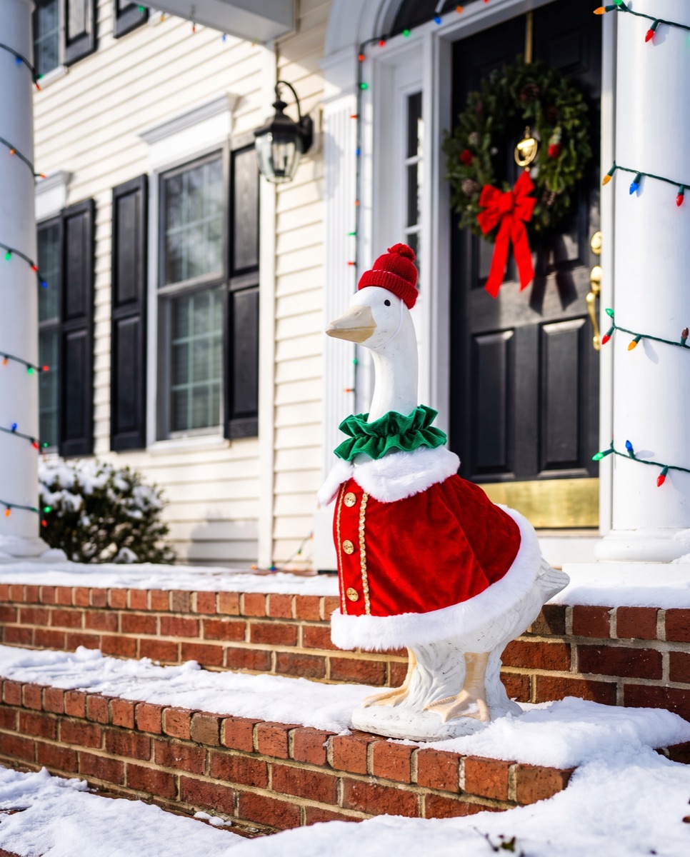 A concrete porch goose in a red velvet coat with white fur trim and a red santa hat, standing on snowy brick steps beside a wreath and string lights on a house's front door.